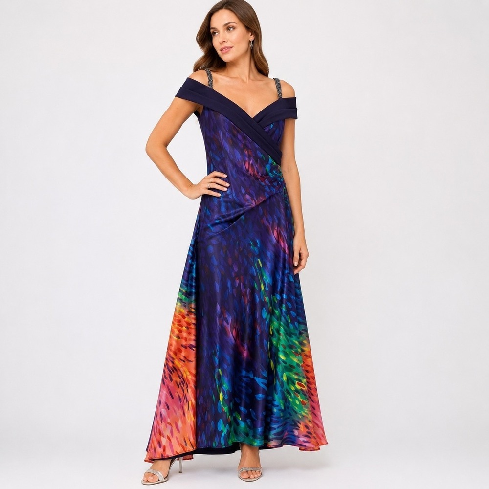 Lauren Ralph Lauren Munze Couture Gown 8 Off Shoulder Beaded Strap Maxi Dress